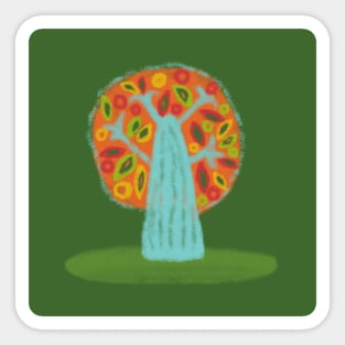 Colorful blue and orange tree on green backdrop in kid's drawing style Sticker